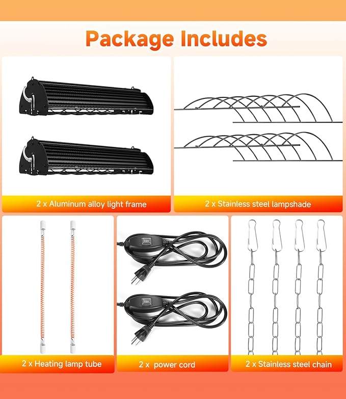 400W Heat Lamp for Chickens Upgraded 12000H Large Chicken Coop Brooder Heater Carbon Fiber Bulb Waterproof Adjustable 2 Mode Temp Safe Design for Chicks Poultry Pets 2 Pack(Extra Large)