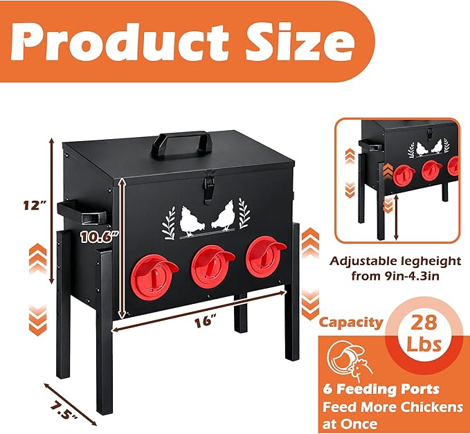 Large Capacity Automatic Chicken Feeder, 6 Port Chicken Feeder, 28LB Metal Chicken Feeders with Locking Lid & Adjustable Legs, No Waste Chicken Feeder, Black