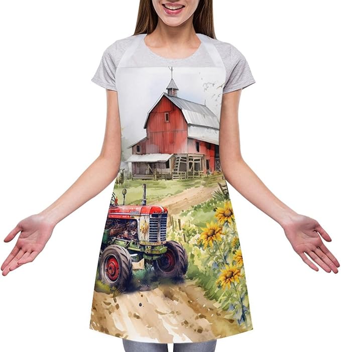 Vintage Watercolor Old Tractor Kitchen Apron, Oil Painting Western Farmhouse Harvest Farm Sunflower Tractor Apron