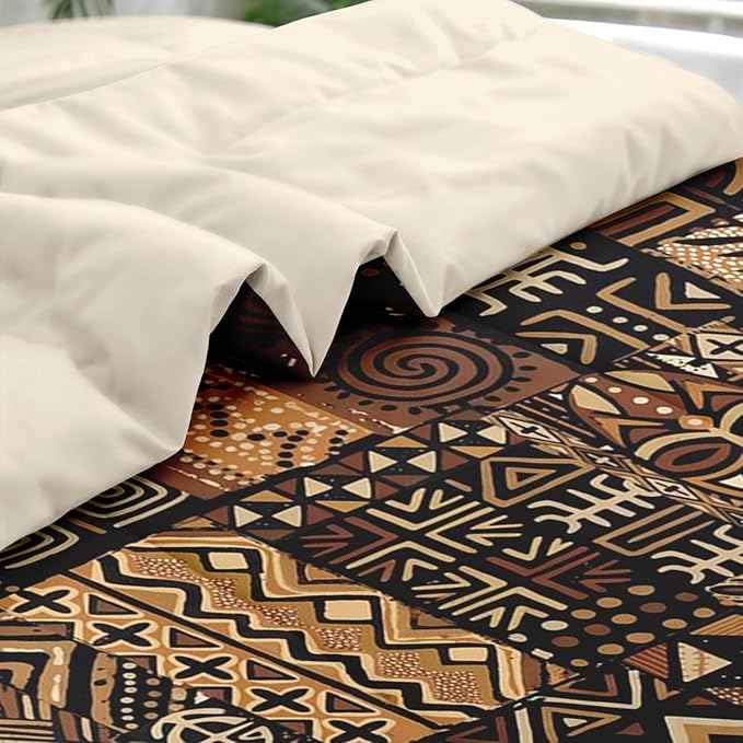 Comforter Set Twin Size, African Retro Floral 5 Pcs Bedding for Kids and Adults, Tribal Patchwork Abstract Bed Sheet Sets with Fitted Sheet Pillowcase & Sham for Bedroom Bed Decor