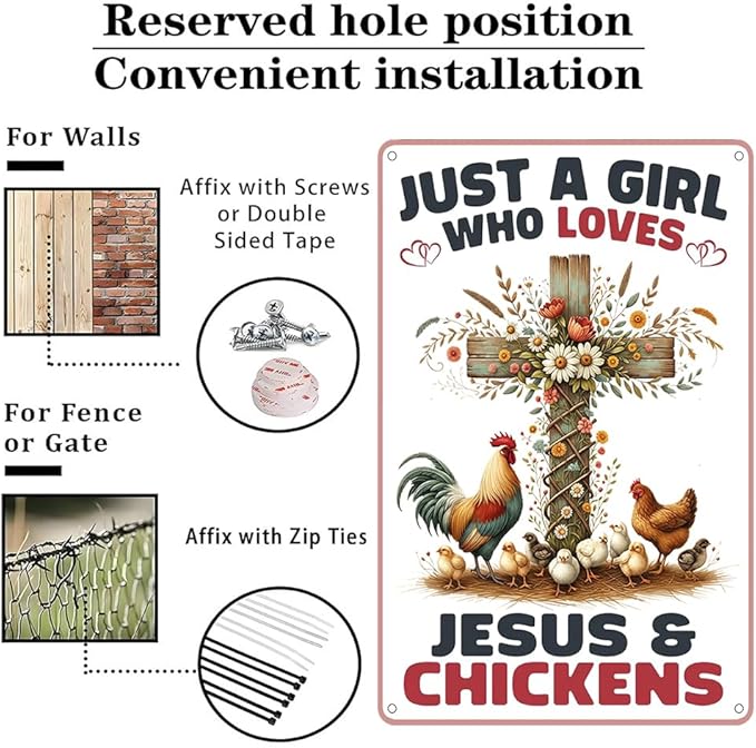 Funnysign Chicken Gifts for Women Girls Vintage Just A Girl Who Loves Jesus&Chickens Tin Sign for Chicken Coop Farm Kitchen Garden Yard Decor 8x12 inch (3908)