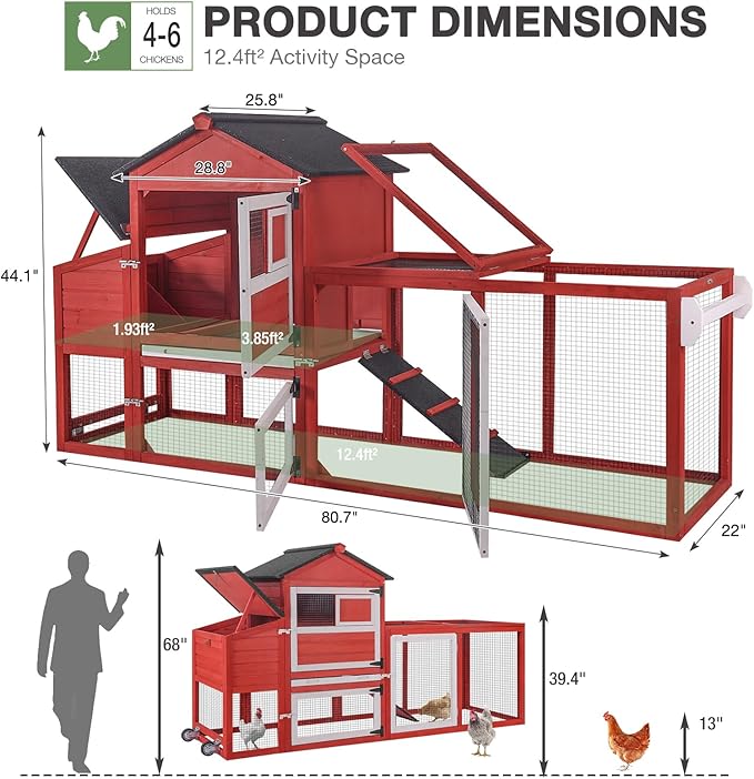 Chicken Coop for Outdoor - Poultry Cage with Wheels, Nesting Box, Leakproof Pull-on Tray, and Asphalt Waterproof Roof - Red