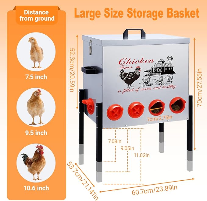 100LB Large Automatic Chicken Feeder–10 Feeding Ports No-Waste Galvanized Metal Chicken Feeder with Adjustable Legs & Locking Lid Poultry Feeder for Chickens,Geese,Ducks,Waterproof