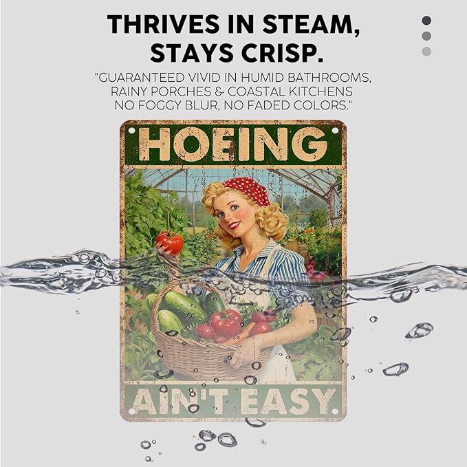 Vintage Garden Tin Sign Hoeing Ain't Easy Retro Gardening Metal Sign Funny Nostalgic Rustic Wall Decor For Home Farmhouse Farm Yard Outdoor Cafe Kitchen 16 * 12In