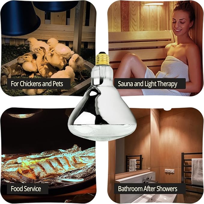 250 Watt Heat lamp Bulb for Bathroom R40 Incandescent Shower Heat Lamp Clear Infrared Bath Light 250R40 Chicken Light Bulb E26 Base 6 Pack