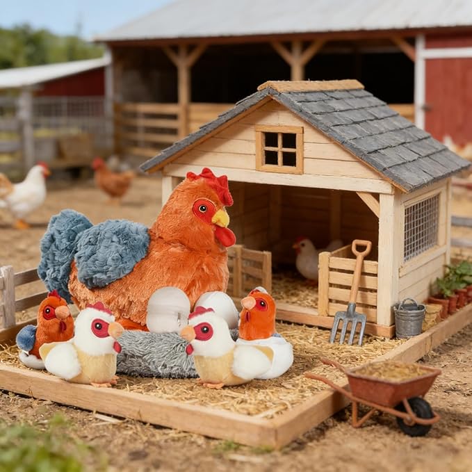 9 in 1 Chicken Stuffed Animal Set Stuffed Chicken Plush Toys for Kids, Egg Laying Hen with Zippered Belly, Eggs, Baby Chicks Plush Chickens and Coop for Kids Girls Boys Birthday Easter Stuffers Gifts