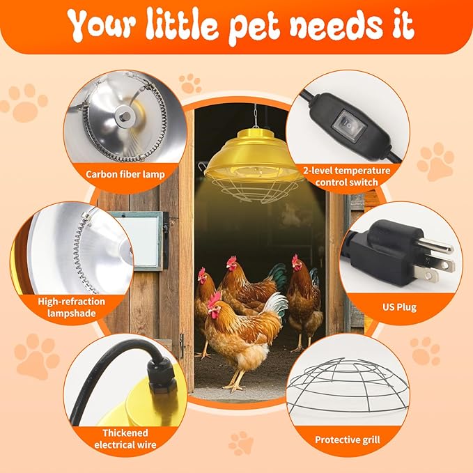 Chicken Coop Heater with Carbon Fiber Bulb, 600W Heat Lamp for Chickens Brooder, Chicken Heater Lamp with Adjustable 2-Mode Temperature & Hanging Height for Chick,Puppy,Cat,Goat,Piglet (600, Watts)