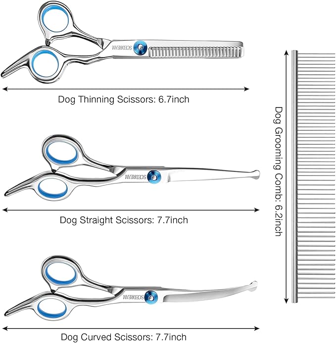 Professional Dog Grooming Scissors with Safety Round Tips, 5 in 1 Dog Grooming Scissors Kit, 4CR Stainless Steel Professional Pet Grooming Shears for Dog, Sharp and Durable, Blue