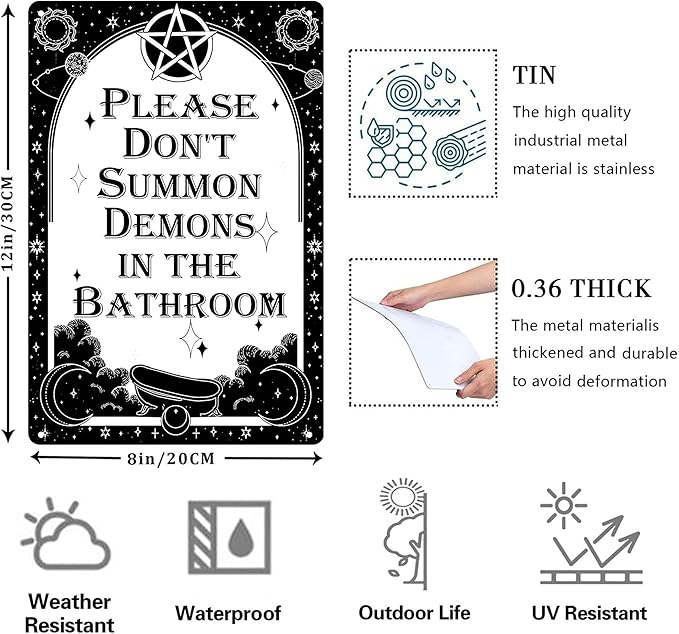 Funny Dark Humor Goth Metal Signs - Please Don't Summon Demons In The Bathroom Tin Sign, Gothic Witchy Bathroom Wall Decor 8x12 inch