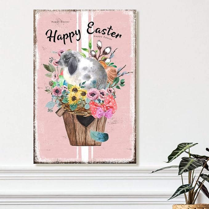 Happy Easter Flower Basket Bunny Wall Hanging Signs French Style Floral Pink Stripes Wooden Sign Plaque Easter Eggs Farmhouse Bunny Wall Decor Sign for Game Room Playroom 12x18in
