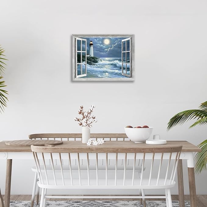 Lighthouse Nautical Wall Art Coastal Beach Pictures Wall Decor Ocean Canvas Prints Window Decorations Painting Framed Artwork Office Home Decor For Bathroom Bedroom Dining Living Room 24"x20"
