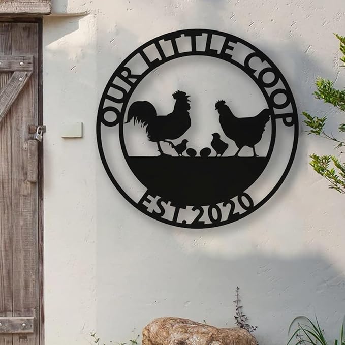 Custom Name Chicken Coop Metal Sign Personalized Hen House Plaque Rustic Farmyard Wall Art Backyard Poultry Hanging Decor Farmhouse Barn Unique Gifts for Farmers Homesteaders and Chicken Enthusiasts