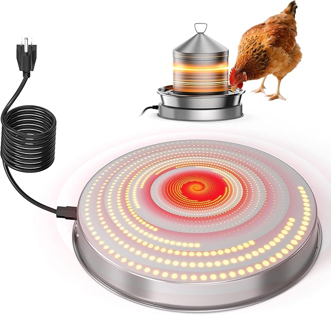 Chicken Water Heater for Winter, 110W Heated Poultry Waterer Base with Thermostat, 11 Inch Poultry Winter Deicer Heated Base with 9.8ft Power Cord (Silver)