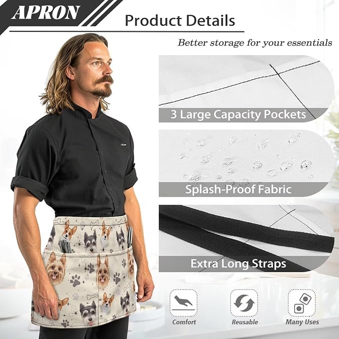 Waist Apron with 3 Pockets Waterproof 13 Inch Short Half Waist Aprons Women Men Server Aprons Waitress Waiter Apron