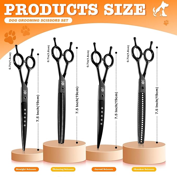 Dream Reach Dog Grooming Scissors - Professional 7.5 Inch Pet Scissors Sharp and Durable Shears Set Thinning, Chunker, Straight, Curved Shears and Comb for Dog Cat Pet, Black