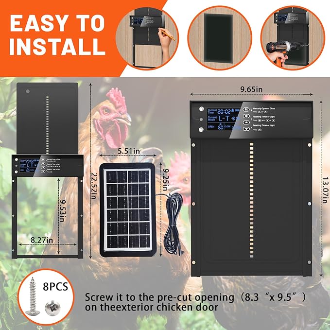 Automatic Chicken Coop Door, Solar Powered Aluminum Chick Coops Doors Opener with Timer & Light Sensor, Anti-Pinch, Remote Control 4 Modes Auto Coop Doors for Chicken