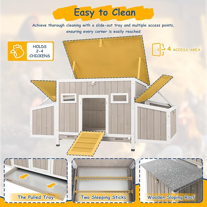 Chicken Coop Waterproof Asphalt Roof Predator-Proof Wooden Hen House for 2–4 Chickens Easy Clean Slide-Out Tray L-Shaped Metal Reinforced Outdoor Coop with Nesting Box Ramp & Ventilation