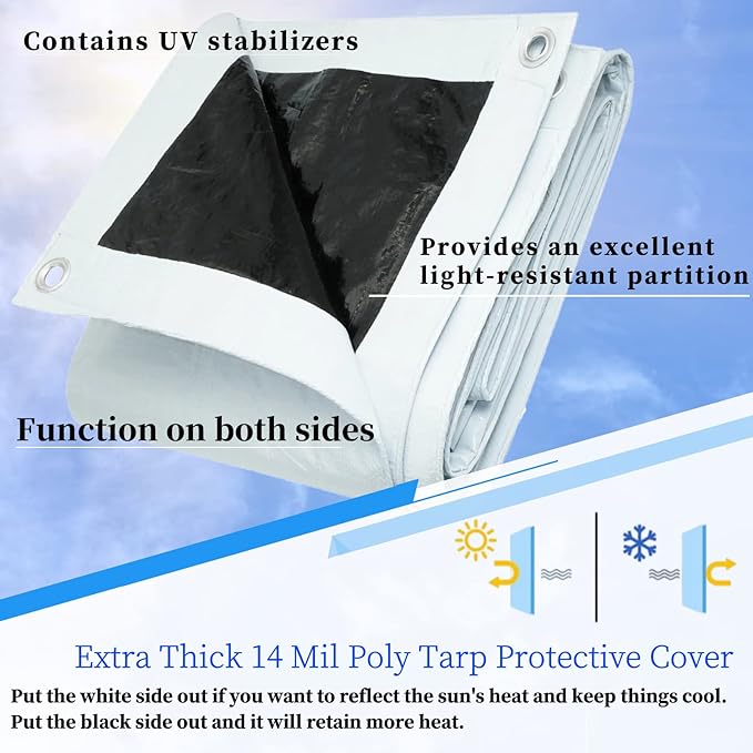 14Mil White/Black Heavy Duty Waterproof, 6.5x10 Ft UV Resistant Tarps with Grommets, Reversible Multipurpose Outdoor Protective Tarp Cover for Camping, Patio, RV, Pet Hutch Roof or Kennel