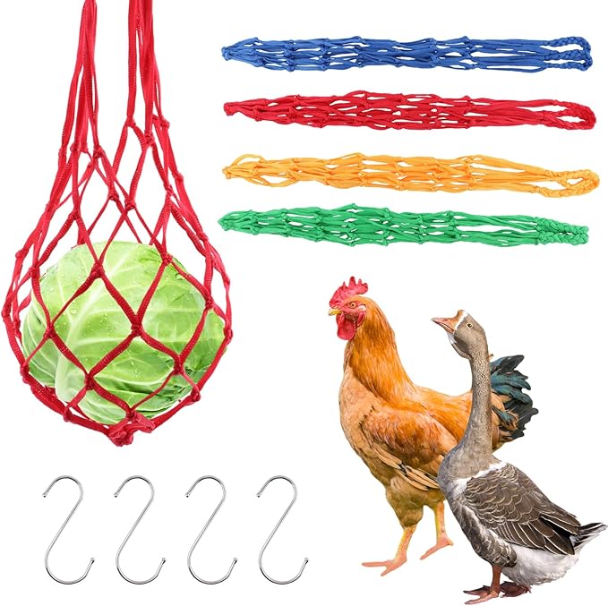 Balana 4pcs Chicken Vegetable String Bag Poultry Fruit Holder Chicken Cabbage Feeder Treat Feeding Tool with Hook for Poultry, Hens, Duck(Size:32g)