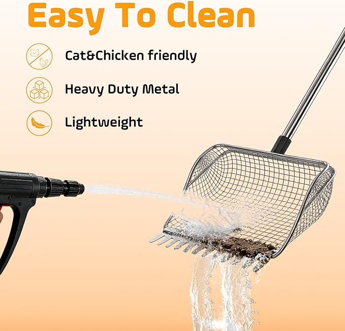 Chicken Poop Scooper for Chicken Coop, Stainless Steel Durable Manure Shovel with Infinitely Adjustable Length Handle, Poultry Cleaning Tool (1-Pack)
