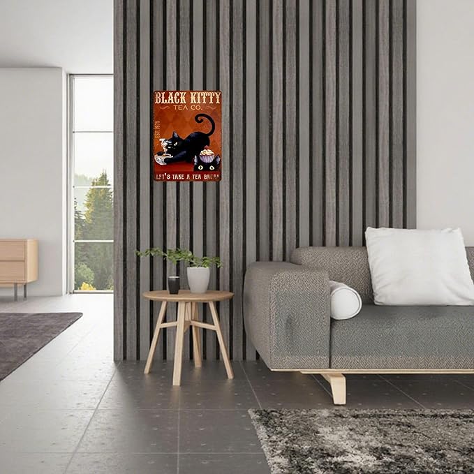 Vintage Black Cat Tin Sign Let's Take A Tea Break Retro Metal Sign Funny Cat Lovers Nostalgic Wall Decor Decorations for Home Office Cafe Shop Kitchen Bar Living Room Bedroom 16 * 12In