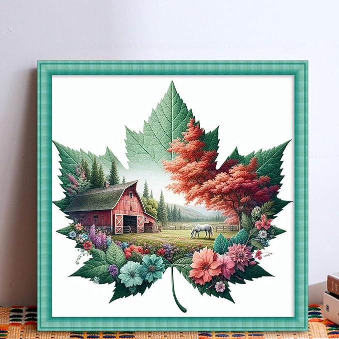 Maple Leaf Farm Stamped Cross Stitch Kits for Adults Beginners - 45x45cm 11CT Pre-Printed Embroidery Needlepoint Starter Kit, DIY Craft Perfect for Fall Decor Thanksgiving Christmas Gift