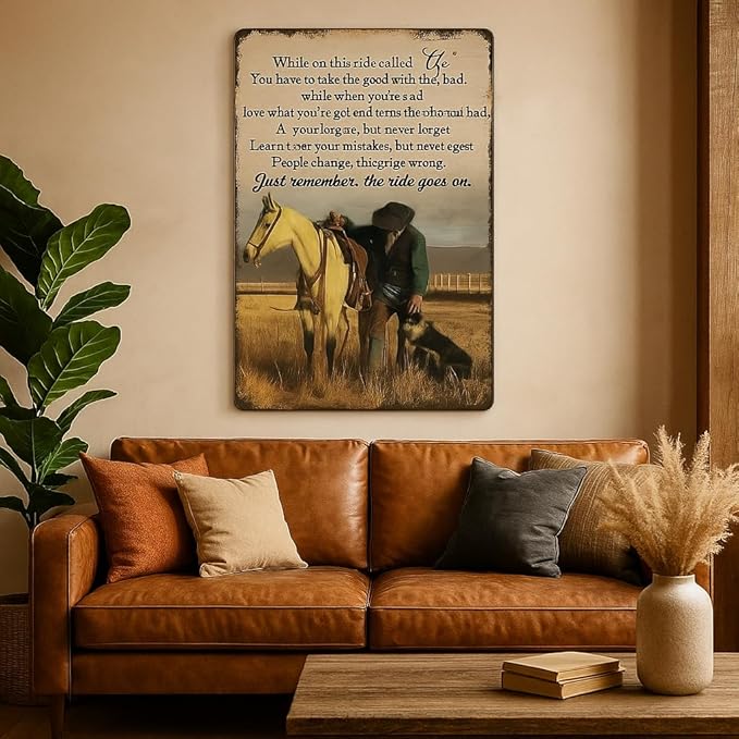 Western Decor Vintage Tin Sign While On This Ride Called Life Gifts for Western Cowboy Lovers Western House Wall Decor for Garage, Man Cave,Bar 8x12 Inches