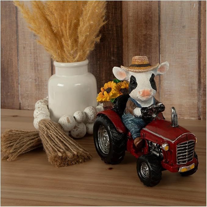Hobby Lobby Farm Animal Kitchen Figurines, Farmyard Friends, Home Kitchen Coffee Bar Office Decor (Cow Driving Red Tractor)
