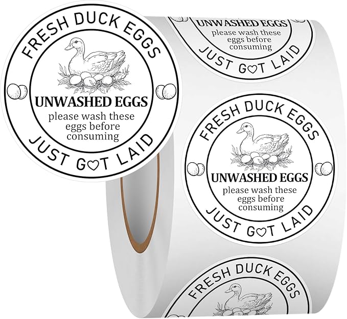 Louise Maelys 2Inch 500 Pcs Farm Fresh Duck Egg Stickers Unwashed Duck Egg Carton Labels - Market Egg Handling Sticker for Poultry Farms, Farmers Markets & Organic Produce