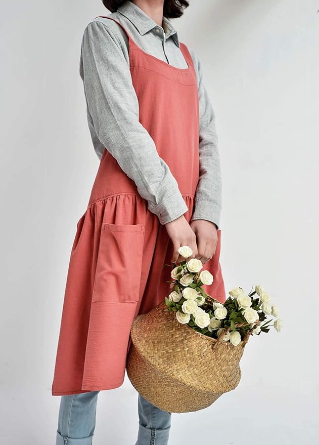 NEWGEM Cotton Linen Cross Back Apron for Women with Pockets for Painting Cleaning Grapefruit Red with Waist Ties