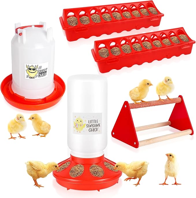 Chick Feeder and Waterer Kit with Chick Perch, Cool Chick Feeder and Waterer Set, Baby Chick Starter Kit with Chick Perch for Small Poultry Chicks Ducks Quail Pigeons Birds(RED)