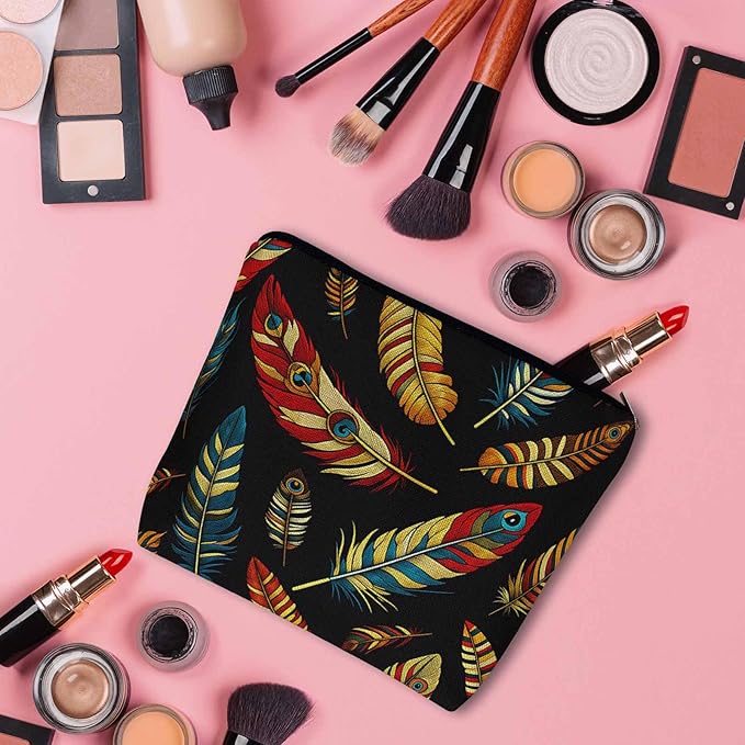 Peacock Feathers Makeup Bags Makeup Organizer, Tribal Tropical Peacock Feather Flax Toiletry Bags Travel Cosmetic Bag Makeup Purse Pouch Skincare Bag Wallet Bags For Women Men