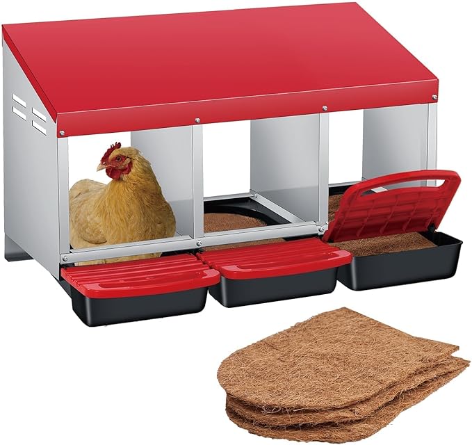Chicken Nesting Boxes, Metal Rollaway Chicken Nest Box with Rollout Egg Collection, Removable Tray & Nesting Pads, Egg Laying Box for Chicken Coop Hens, Wall Mount or Standing, 3 Compartments, Red