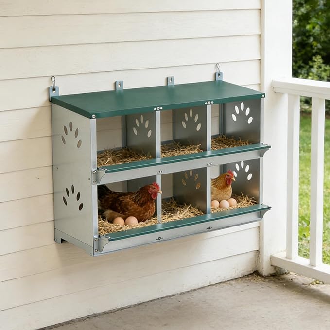 6 Compartment Metal Chicken Nesting Box, Roll Out Hen Laying Box for Easy Egg Collection, Wall Mount Poultry Nest Box for Backyard Chickens, Green, 32.09" L x 16.34" W x 26.38" H