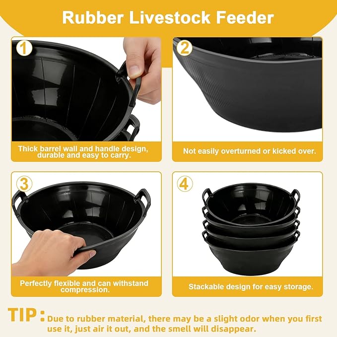 4Pcs Rubber and Plastic Feed Pan with Handle, 3 Gallon / 12 Quart Plastic Feed Pan Utility Horse Feed Bucket for Cats Dogs Goats Chicken Dust Bath Container Animal Feeding Watering Bowl
