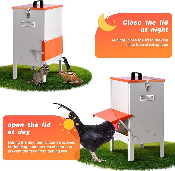 Automatic Chicken Feeders 30lb Metal Poultry Feeder no Waste Large Hanging Chicken Feeders Trough with Leg for Chickens Coop Quail Ducks Outside Galvanized Waterproof Chicken Feeder (30LB)
