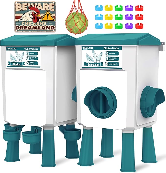 Chicken Feeder and Waterer Set - 2.8 Gallon/26 Pounds, Automatic Chicken Waterer with 4 Cups & 3 Feeder Ports, No Waste Poultry Feeders & Waterers, Chicken Coop Accessories for Hens/Ducks/Poultry