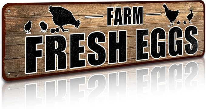 'Farm Fresh Eggs' Retro Vintage Metal Tin Bar Sign, Decorative Wall Art Signage, Primitive Farmhouse Country Kitchen Home Décor, 16" x 4"