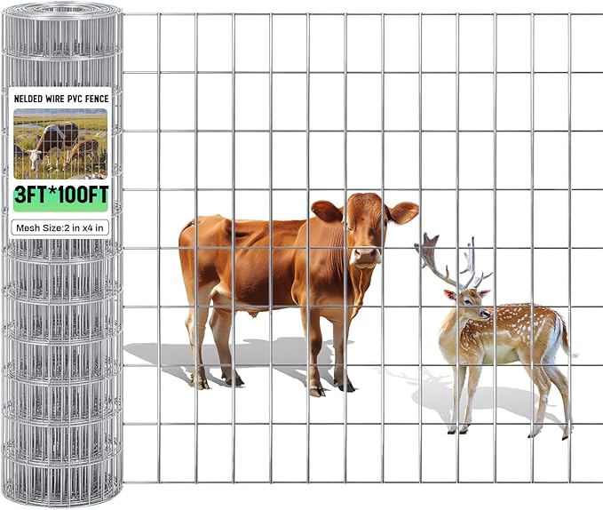 Gisafai 36in x 100ft Welded Wire Fence, 2 Inch x 4 Inch 16 GA, Galvanized Metal Garden Fence Roll Wire Mesh Netting for Goat Deer Cattle Animal Enclosures and Yard Vegetable Plant Protection,Silver