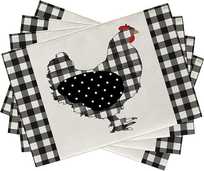 Seliem Farm Chicken Hen Animal Placemats Set of 4, Black White Buffalo Check Plaid Farmhouse Chick Dining Table Place Mats, Spring Summer Country Rustic Kitchen Decor Home Decoration 12 x 18 Inch