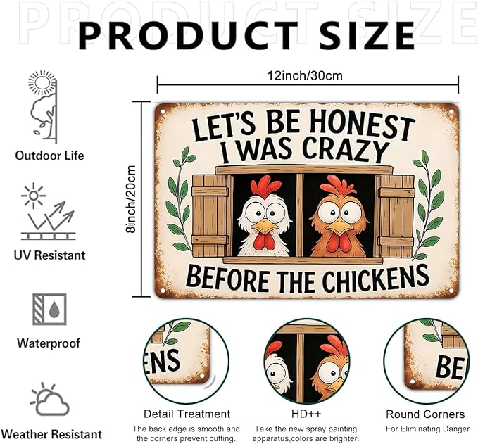 Funnysign Chicken Decor I Was Crazy Before The Chickens Vintage Tin Sign for Chicken Coop Farm Kitchen Garden Yard Decor 8x12 INCH(3829)