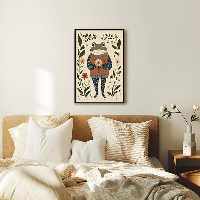 Frog Canvas Wall Art, Frog In A Textured Sweater Holding Flower Poster, Rustic Nursery Animal Painting Cozy Folk Art Print, Farmhouse Botanical Floral Painting for Kids Room 8x12in Framed