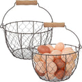 2 Pcs Wire Egg Baskets, Farmhouse Chicken Egg Collecting Baskets, Rustic Metal Egg Storages with Wooden Handle, Stackable Fresh Holders for Fruits, Vegetables, Sundries