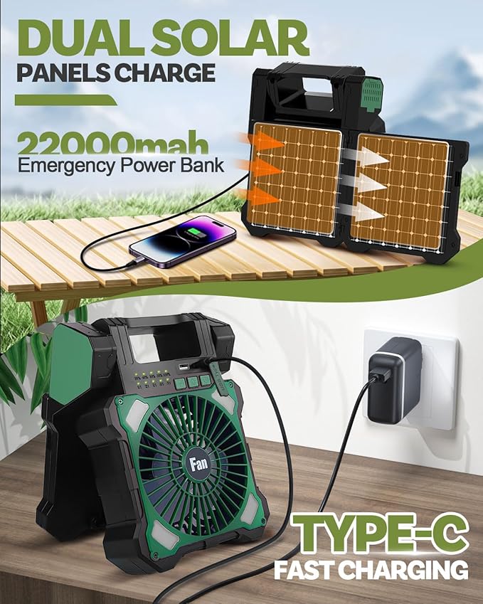 22000mAh Camping Solar Fan, Dual-Panel Rechargeable Solar Powered Fan with LED Light, 5 Adjustable Speeds Battery Powered Portable Fans, USB-C Fans for Travel Tent Home Camping Accessories