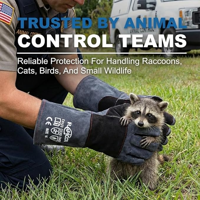 RAPICCA Animal Handling Gloves Bite Proof Double Leather Reinforced Padding Dog,Cat Scratch,Bird Handling Falconry Gloves Grabbing Reptile Squirrel Snake Bite 16in Grey-Black