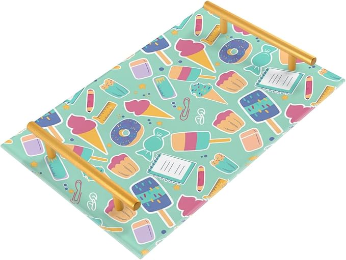 Bathroom Vanity Tray Counter Organizer, Stationery and Sweets Pattern Decorative Tray with Handles Countertop Storage for Bathroom Bedroom Kitchen Home Farmhouse