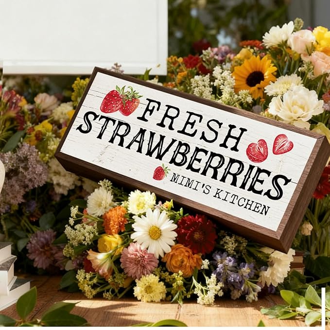 Mimi's Kitchen Wood Sign, Fresh Strawberries Sign, Country Style Wall Decor, Framed Wooden Hanging Signs, Kitchen Wall Art, Gift for Mimi Grandma 9.5x3.1x1 inches
