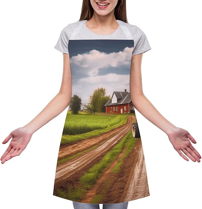 Country Road with Farm And Tractor Chef Apron for Men Women with 2 Pockets Water & Oil Resistant Bib Aprons Adjustable Neck Strap & Long Ties Work Apron for Cooking Grilling Serving Crafts Gardening