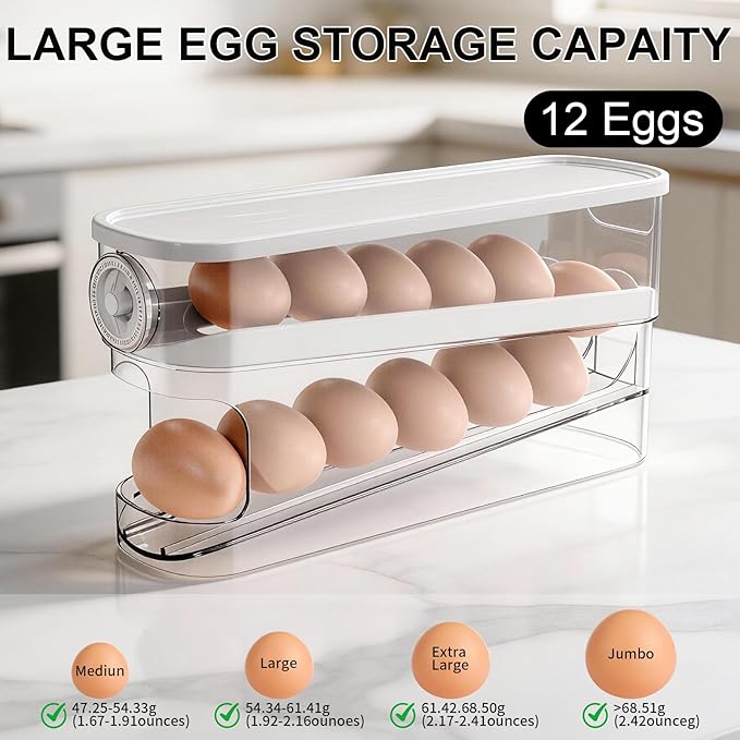 Auto Rolling Egg Holder for Fridge, Egg Dispenser/Organizer/Storage/Container with Lid & Date Timer for Refrigerator, Sturdy and Durable Space-Saving Egg Tray for 12 Large Eggs