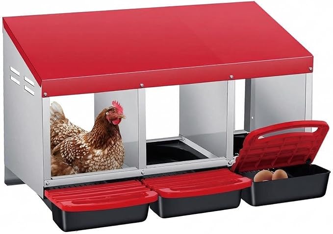Chicken Nesting Boxes with Rollout Egg Collection – 3-Compartment Metal Hen Nest Box with Removable Trays, Slanted Roof & Ventilation, Wall Mount or Standing for Backyard Poultry Coop, Red